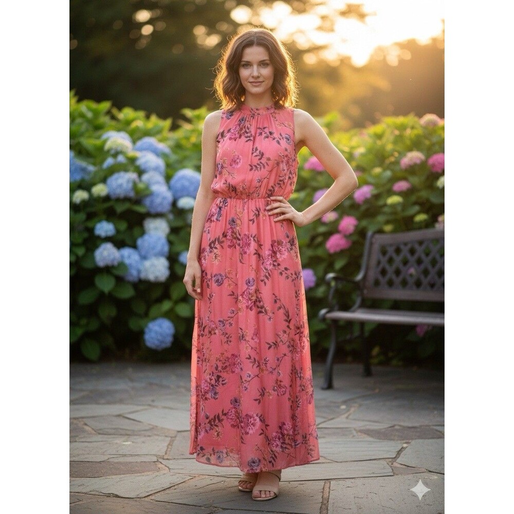 Bella Ambra Italy Silk Tropical Print Sleeveless Maxi Sundress Pink Coral Sz XL